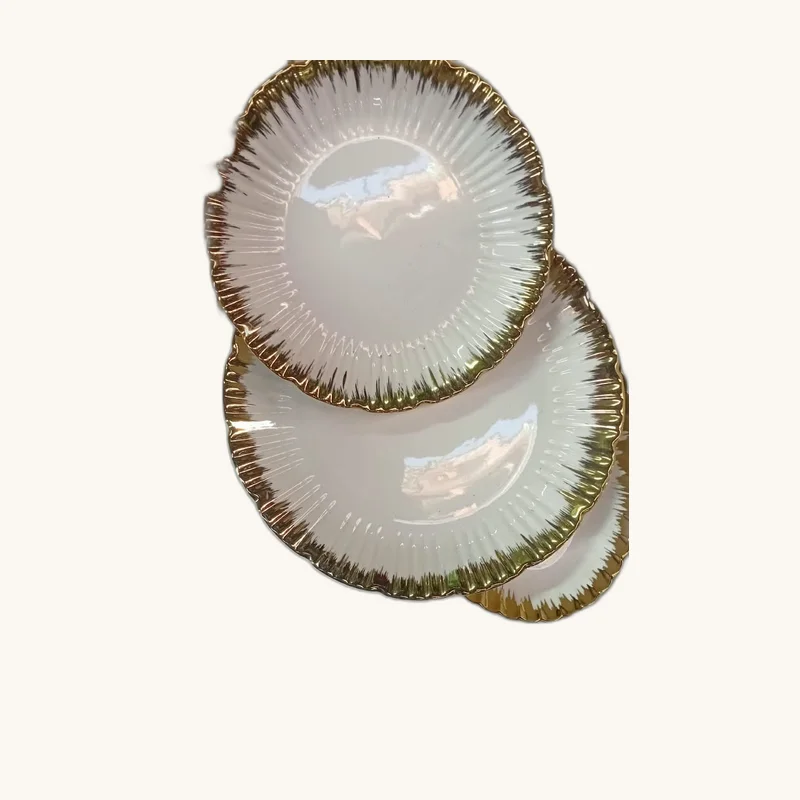 Gold-Rimmed White Ceramic Dinner and Soup Plate Set