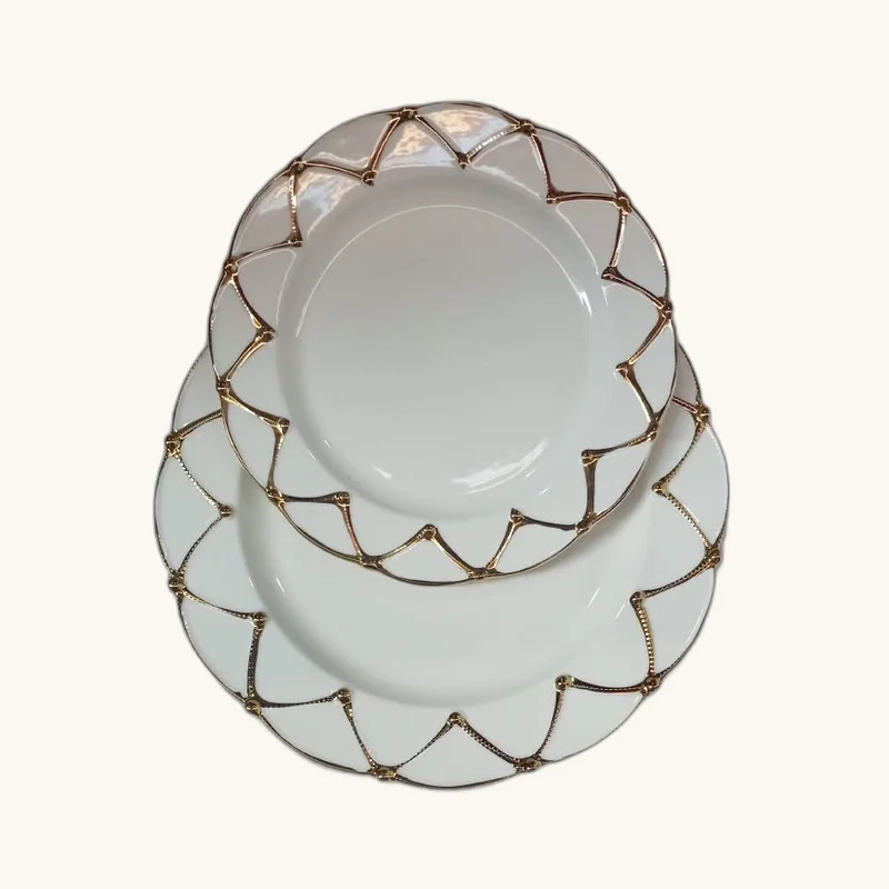Luxury White Ceramic Dinner Plate with Gold Geometric Rim
