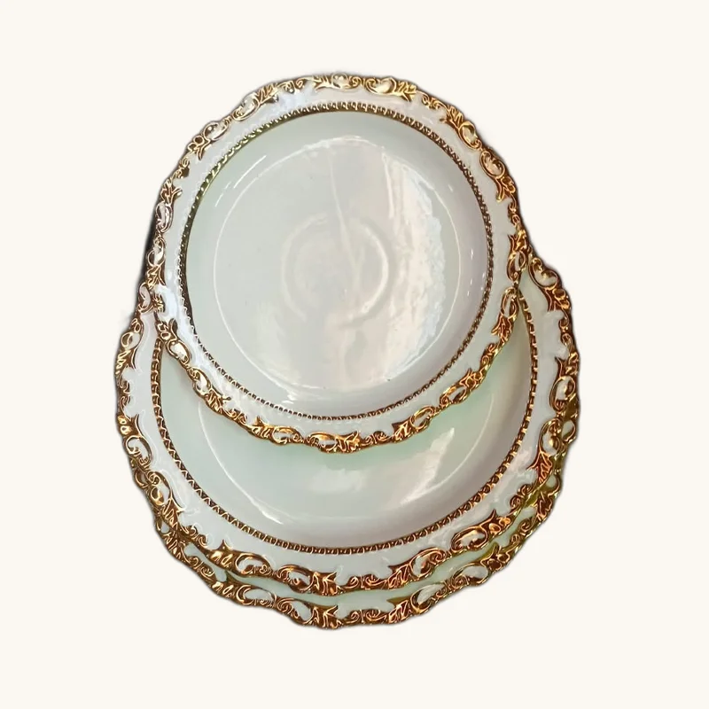 Ornate Gold-Rimmed Porcelain Dinner and Side Plate Set